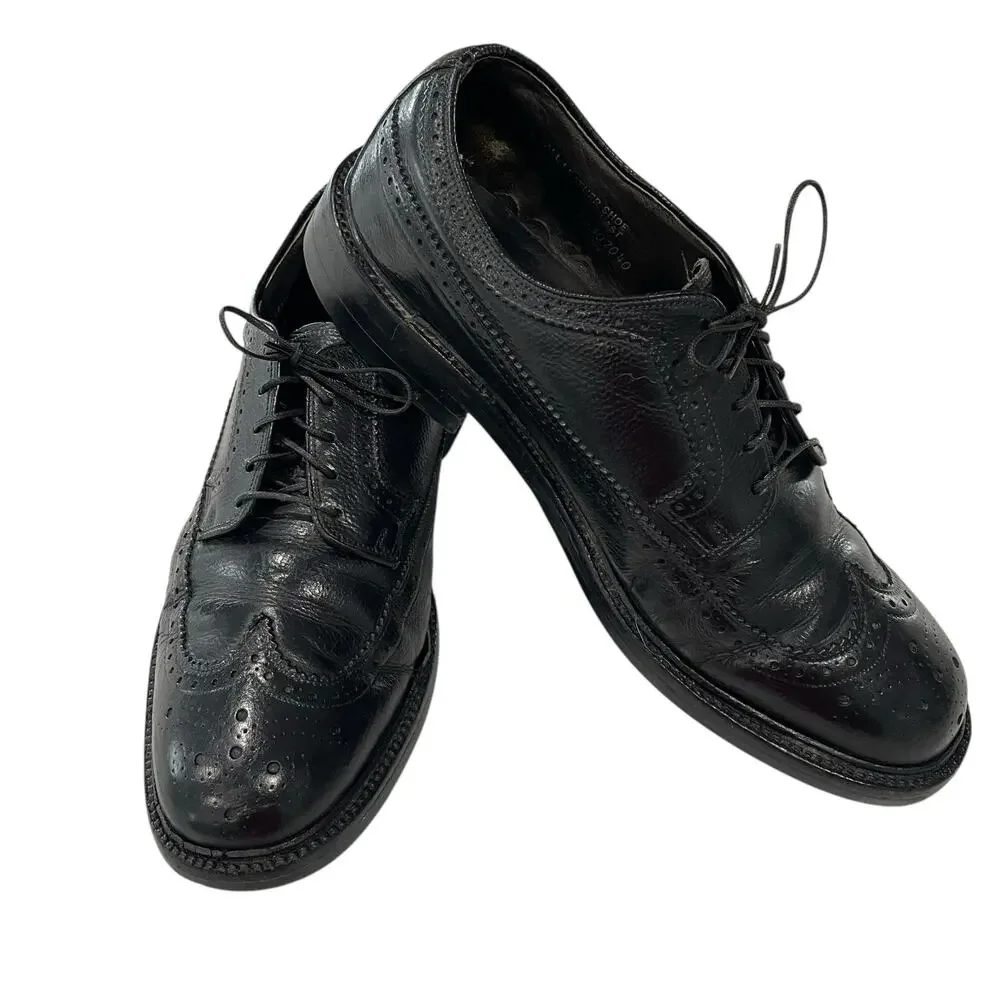 Hanover Black Wingtip Shoes Men 8.5 Leather Dress Lace Up Oxfords Vintage READ